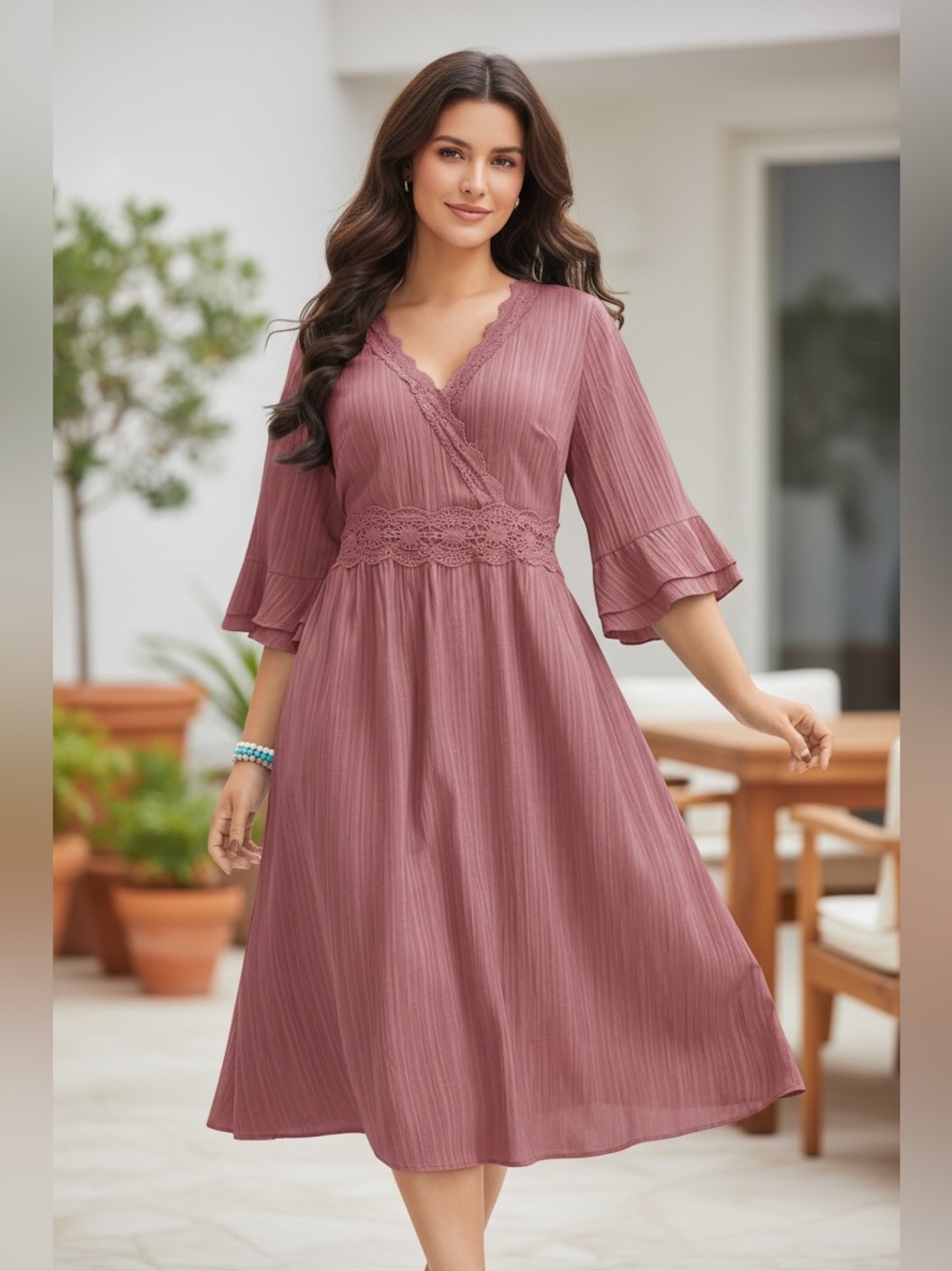 NWT: size 14/16 Women’s Dusty Rose Lace-Trim Midi Dress with pockets